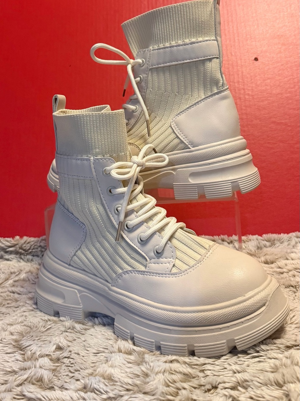 Womens White Chunky Combat Lug Sole and Ribbed Knit Collar Boots